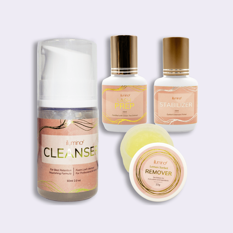 1 × Lash Cleanser - Professional 1 × Lemon Sorbet Cream Adhesive Remover 1 × Lash Stabilizer 1 × illumino® Lash Prep